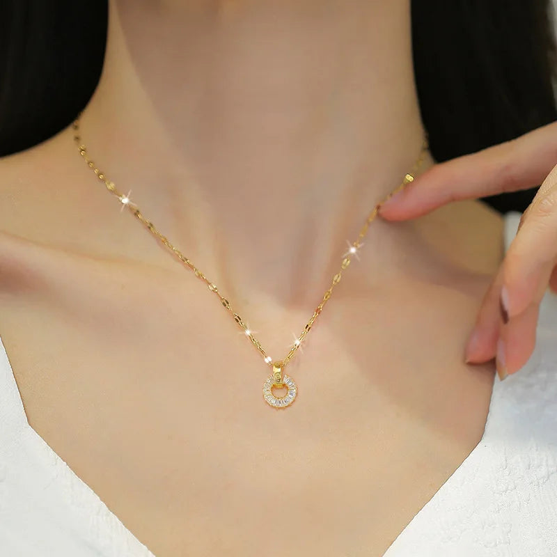 Women's Zircon Round Pendant Necklace | Gold Stainless Steel Pendant Necklace Nixie