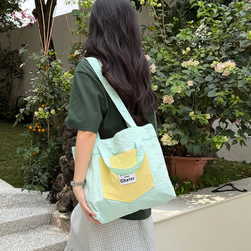 Women's Nylon Color Block Tote Bag | Korean Style Shoulder Bag Nylon Tote Bag Nixie
