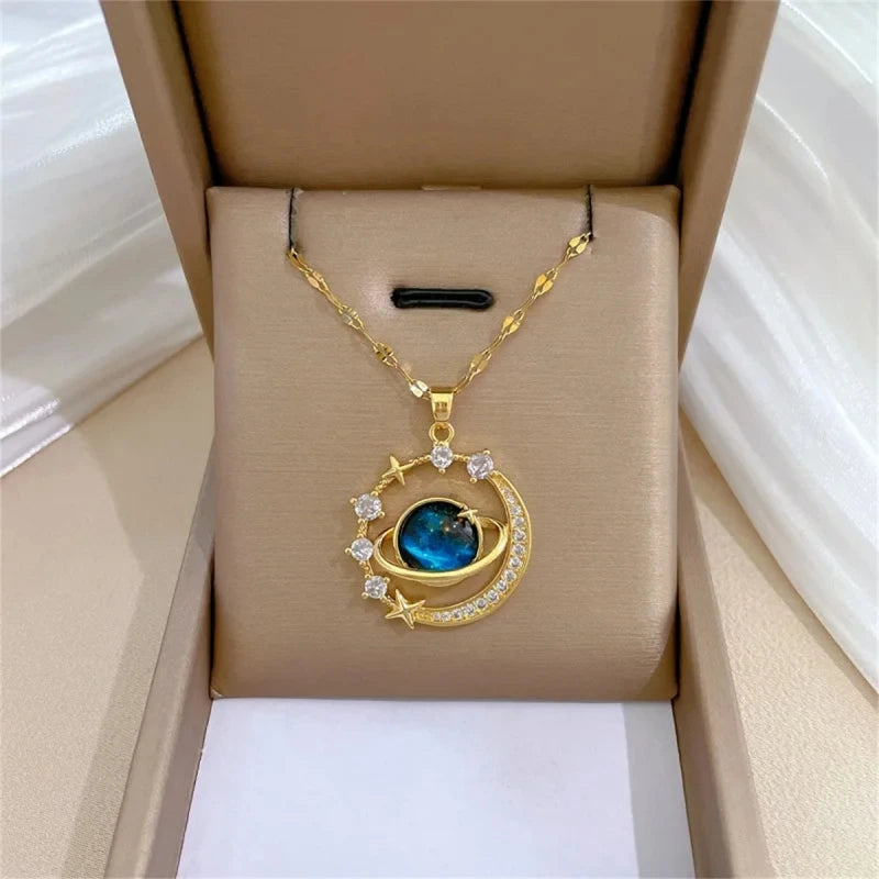 Star & Moon Pendant Necklace – Gold Zircon Clavicle Chain Pendant Necklace Nixie Blue