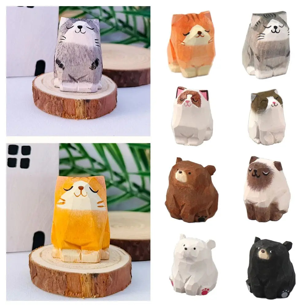 Carved Wooden Animal Figurine – Bear, Cat & Sheep Desk Decor Wood Figurine Nixie