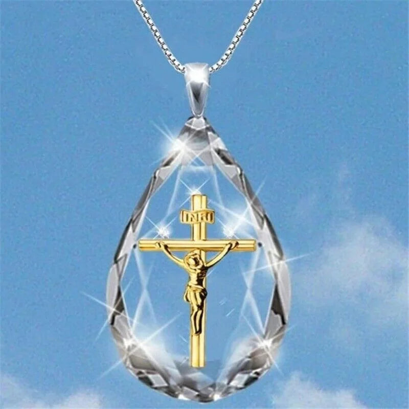 Silver Crystal Water Drop Jesus Cross Pendant Necklace Cross Pendant Necklace Nixie