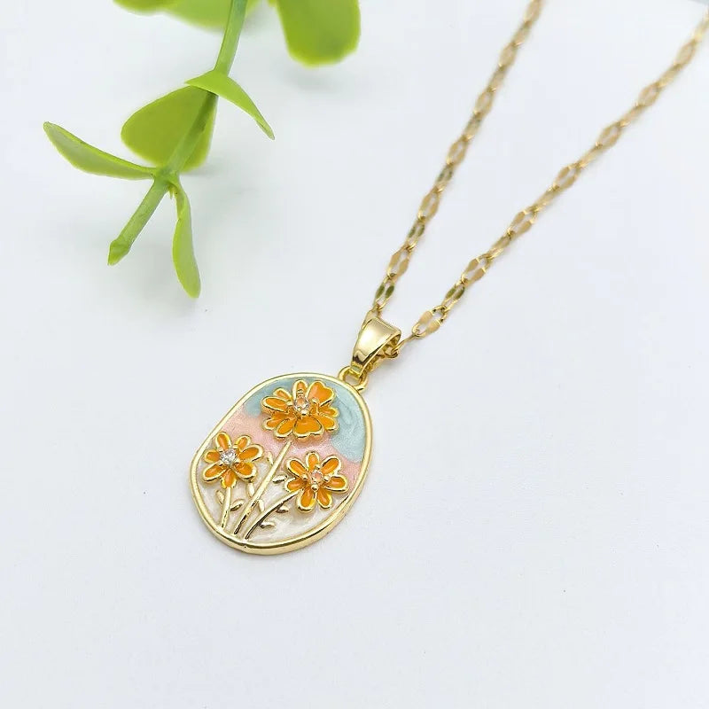 Vintage Copper Floral Pendant Necklace | Gold-Plated Zircon Pendant Necklace Nixie