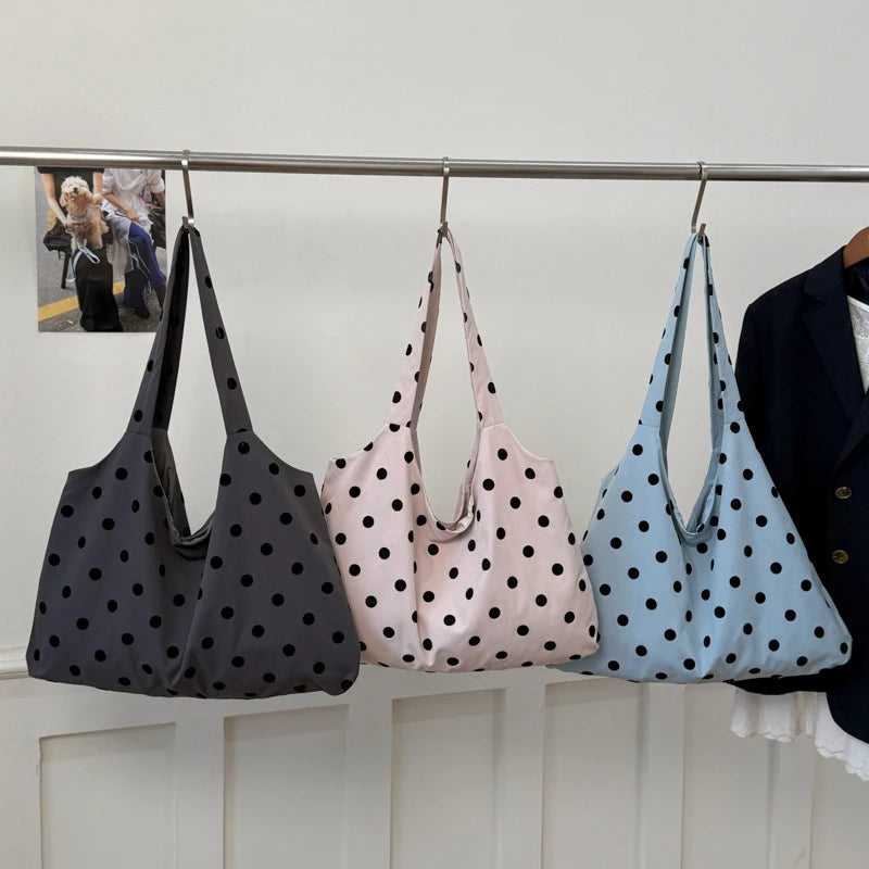 Korean Polka Dot Canvas Tote Bag – Retro Minimalist Shoulder Bag Canvas Tote Bag Nixie