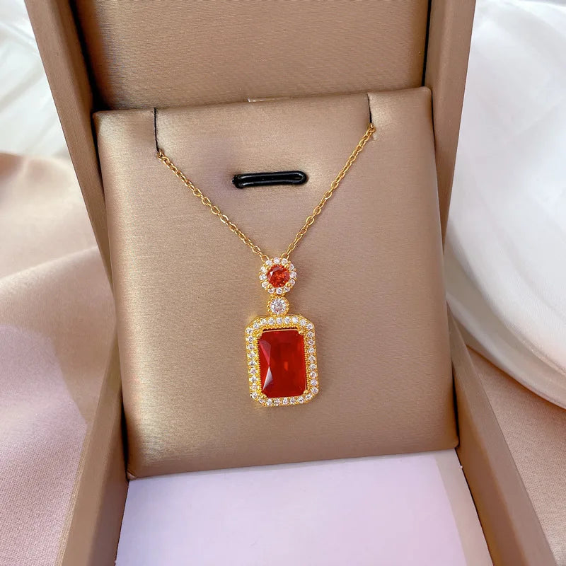 Women's Gold Zirconia Square Pendant Necklace – Stainless Steel Pendant Necklace Nixie