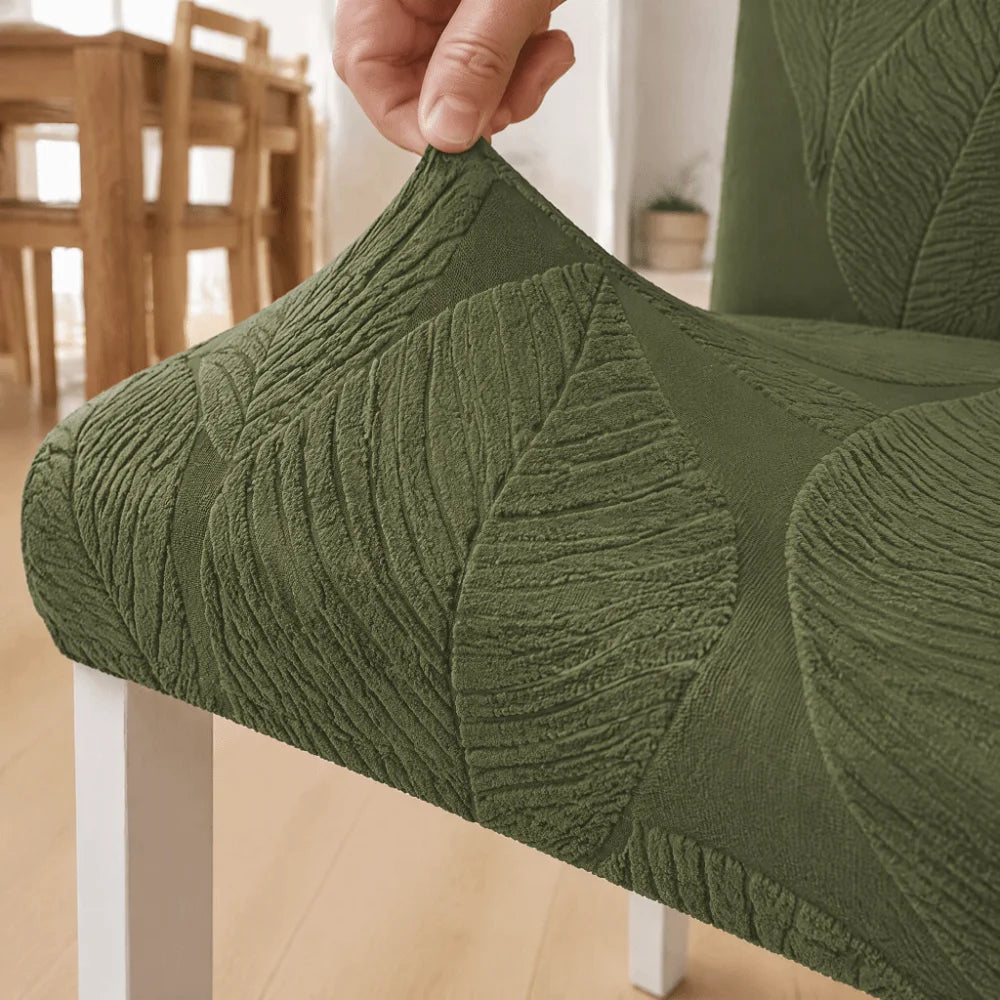 3D Leaf Jacquard Stretch Dining Chair Cover – Stain Resistant