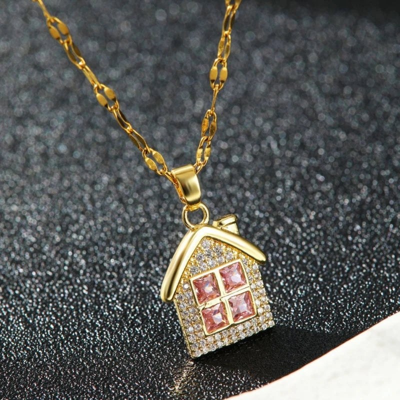 Women's Gold Copper Pendant Necklace | Zircon & Steel Chain Pendant Necklace Nixie XL1470-84 40cm