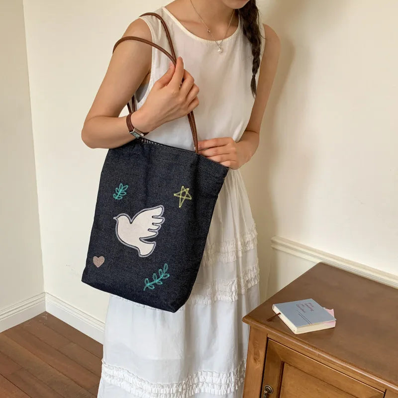 Korean Embroidered Floral Denim Tote Bag – Large Shoulder Bag Denim Tote Bag Nixie