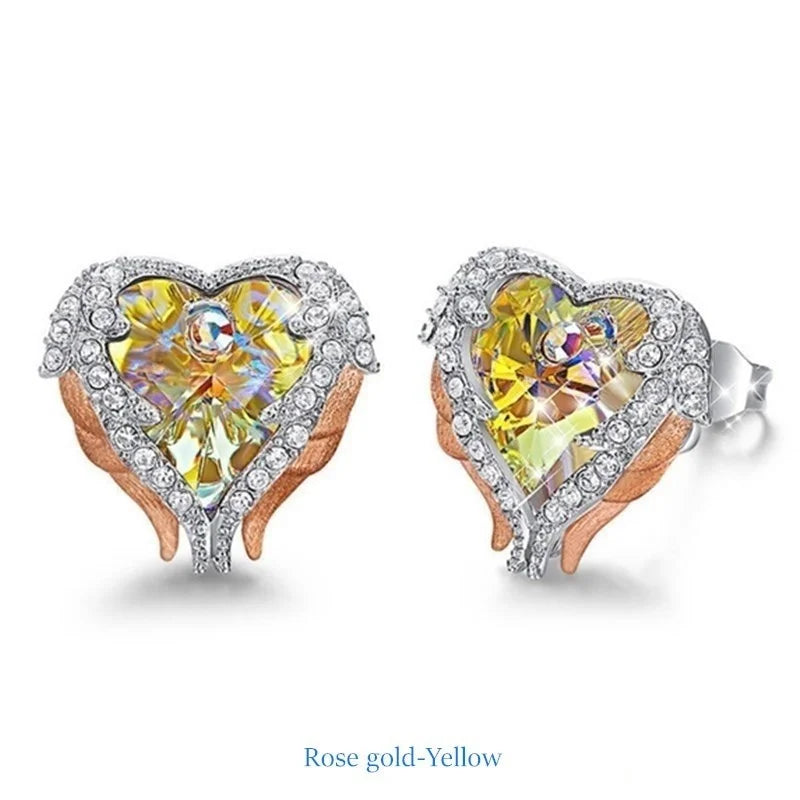 Silver Angel Wing Heart Crystal Stud Earrings for Women Crystal Stud Earrings Nixie Rose Gold-Yellow