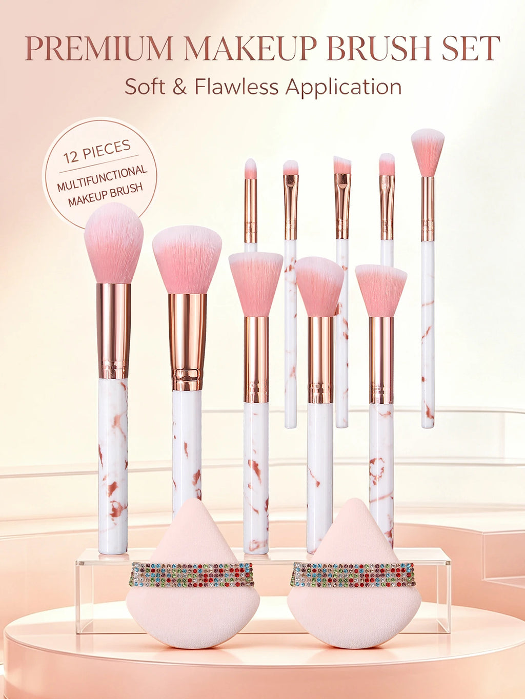 12-Piece Marble Makeup Brush Set with Rhinestone Puffs | Nixie Makeup Brush Set Nixie