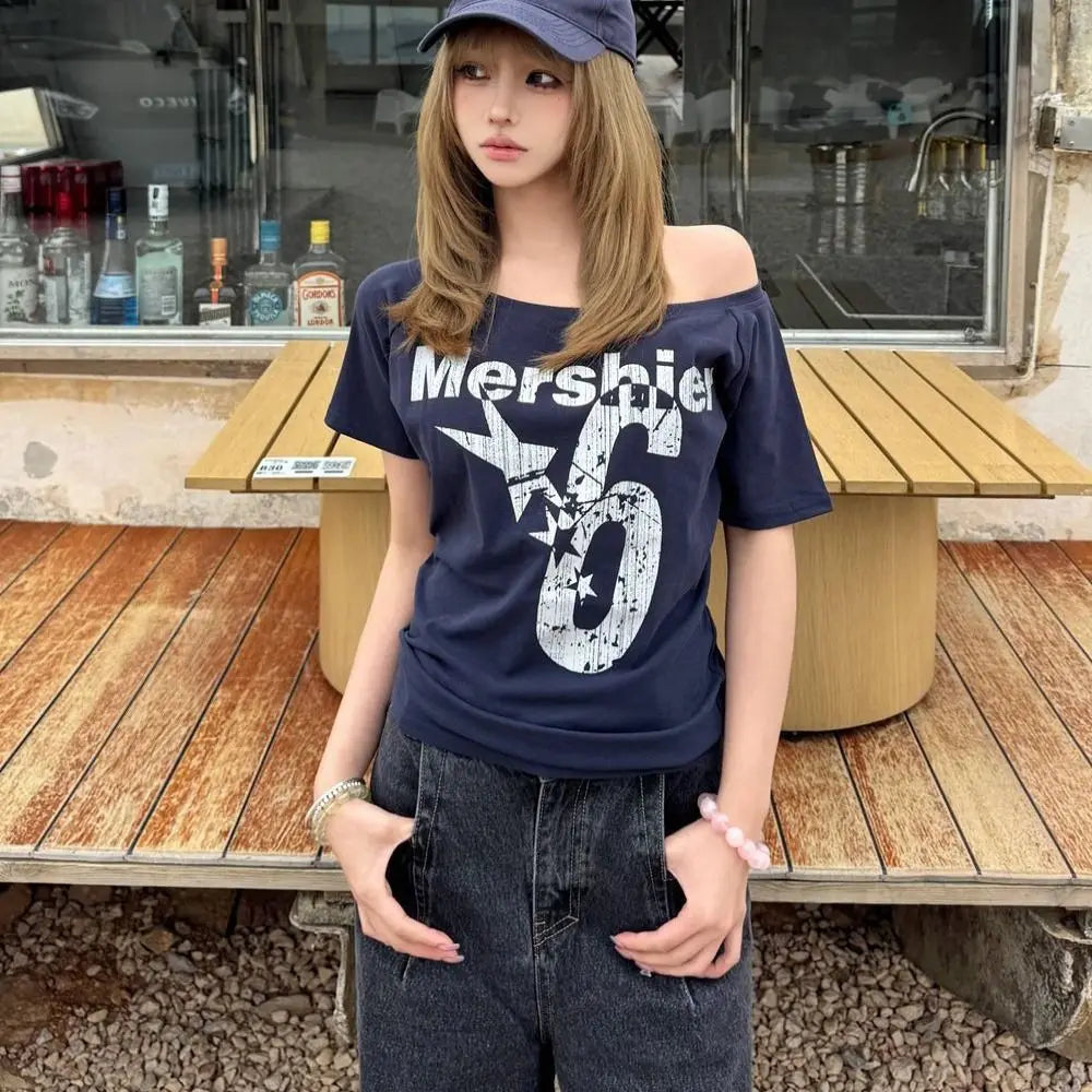 Y2K Off Shoulder Crop Top | Letter Print Skew Collar Tee