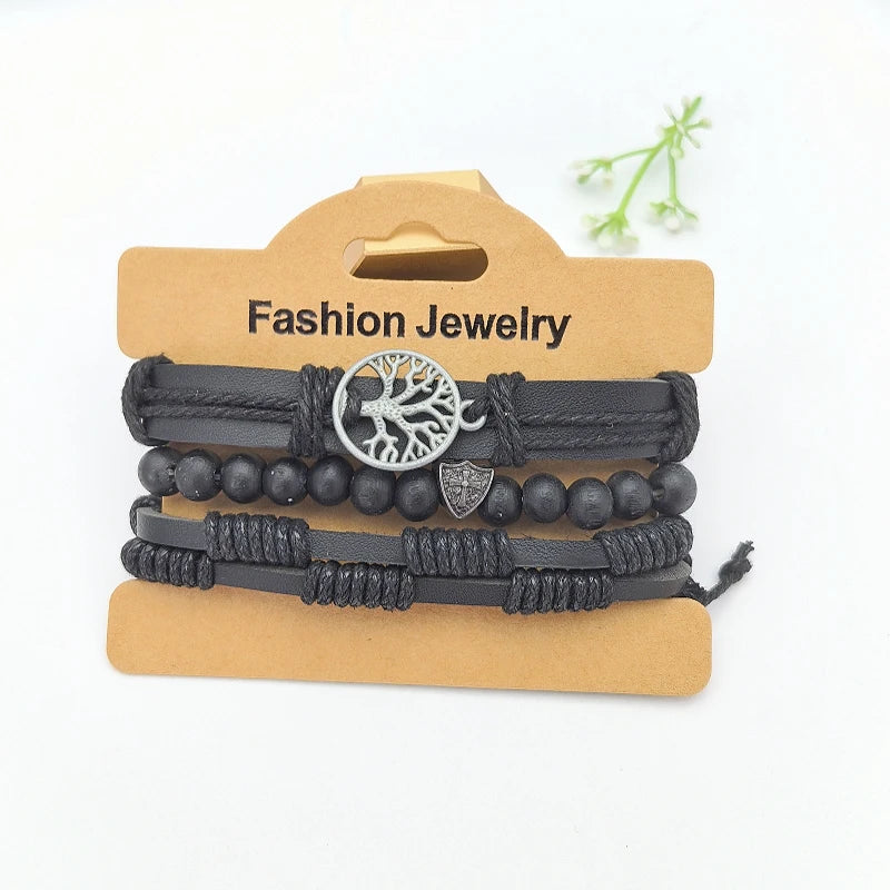 Tree of Life Leather Woven Bracelet with Wood Beads – Unisex