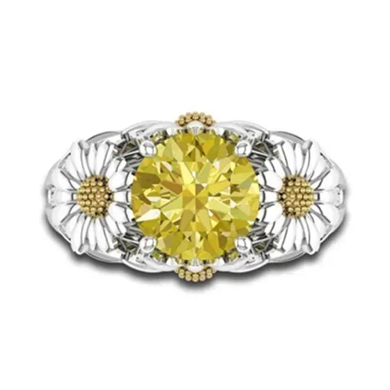3.5Ct Zircon Citrine Daisy Ring Silver-Plated Unisex Sizes 6-10 Fashion Ring Nixie