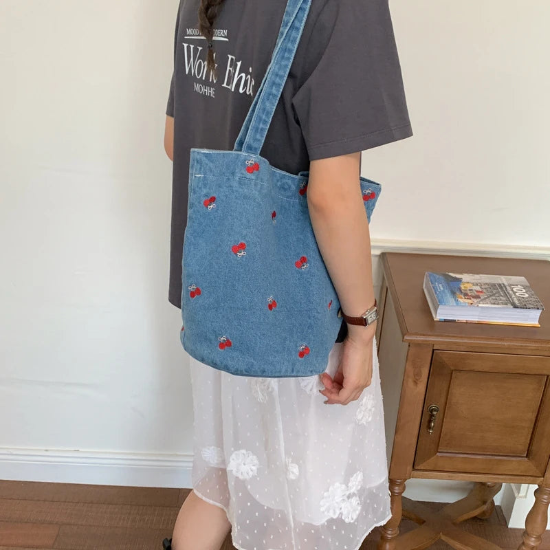 Cherry Embroidered Denim Bucket Bag – Large Tote Crossbody Denim Bucket Bag Nixie
