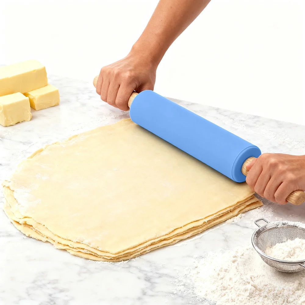 Silicone Rolling Pin Wooden Handle – Non-Stick Baking Tool Silicone Rolling Pin Nixie