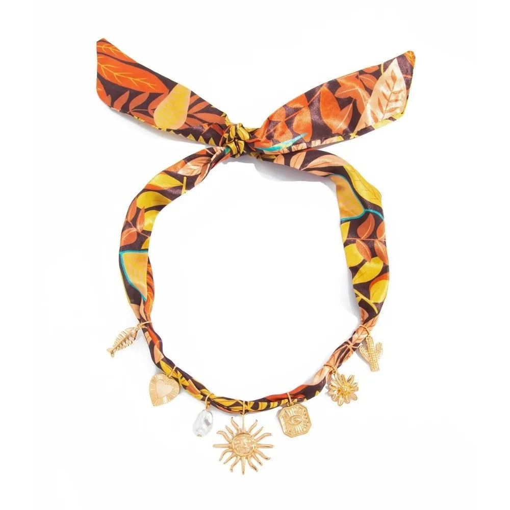 Bohemian Scarf Necklace – Flower, Starfish & Shell Pendant Scarf Pendant Necklace Nixie