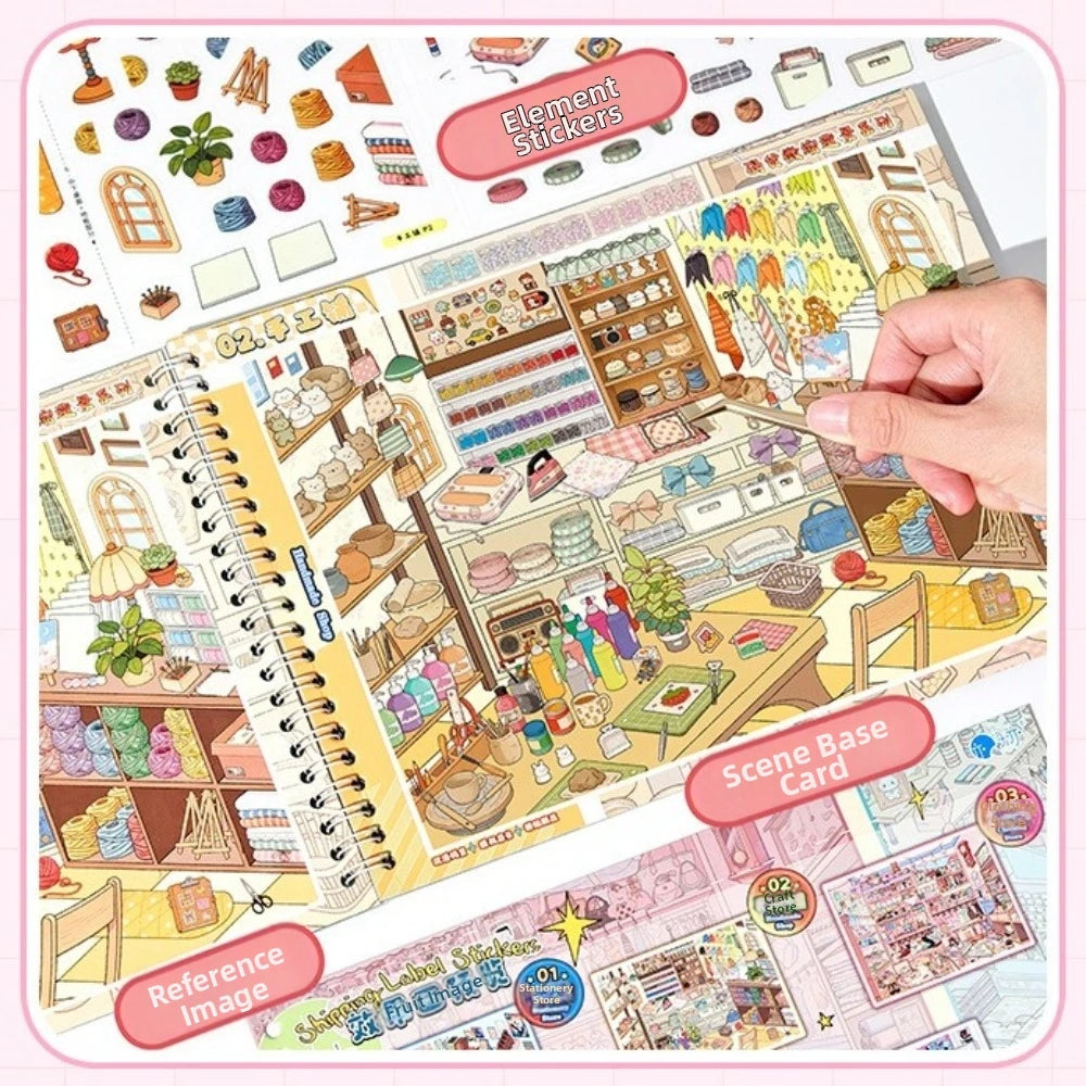 Miniature Shop Scene Sticker Book – 8 Scenes & 24 Sheets DIY Craft Sticker Book Nixie