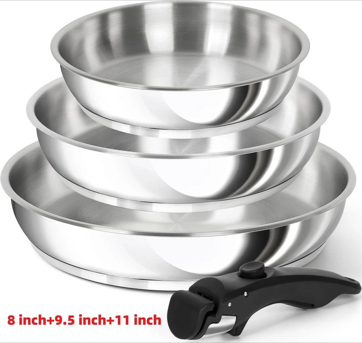 MICHELANGELO 3-Piece Stainless Steel Pan Set, Removable Handle Stainless Steel Pan Set Nixie 3pcs