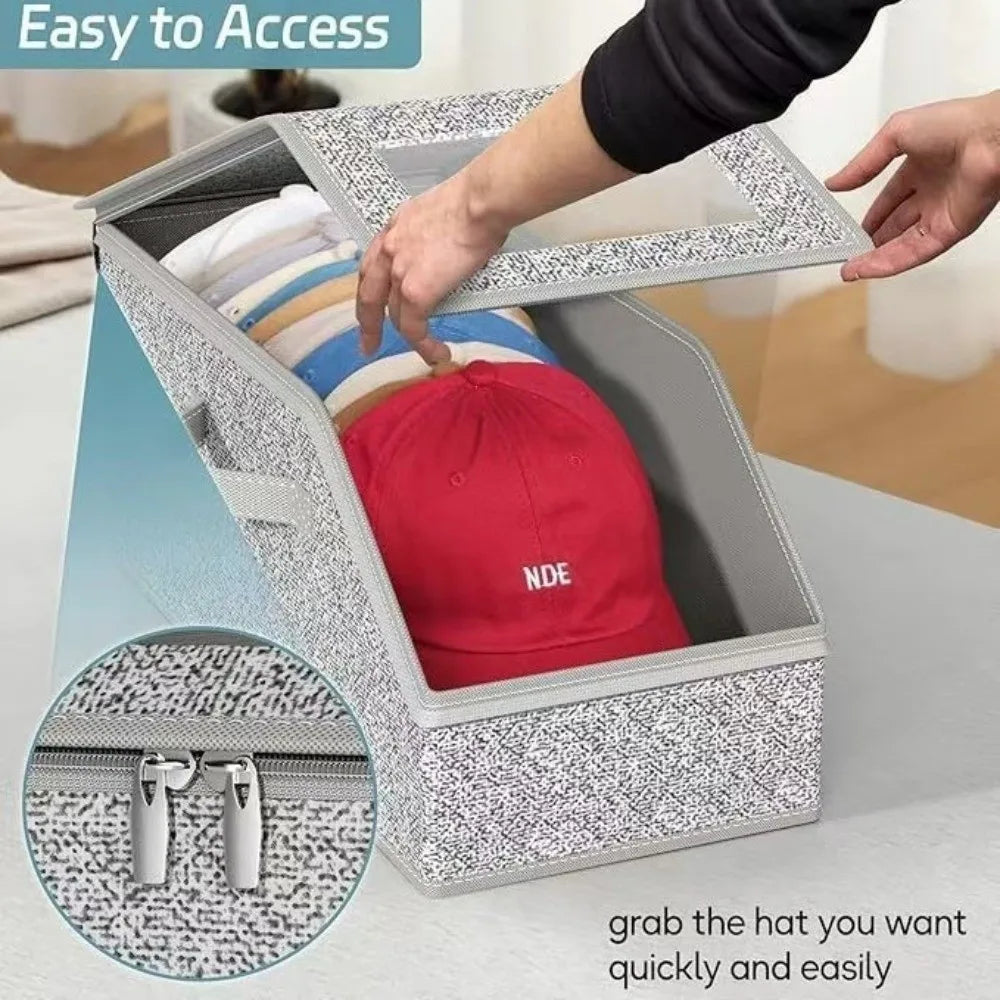Zippered Hat Storage Box with Window – Foldable Cap Organizer