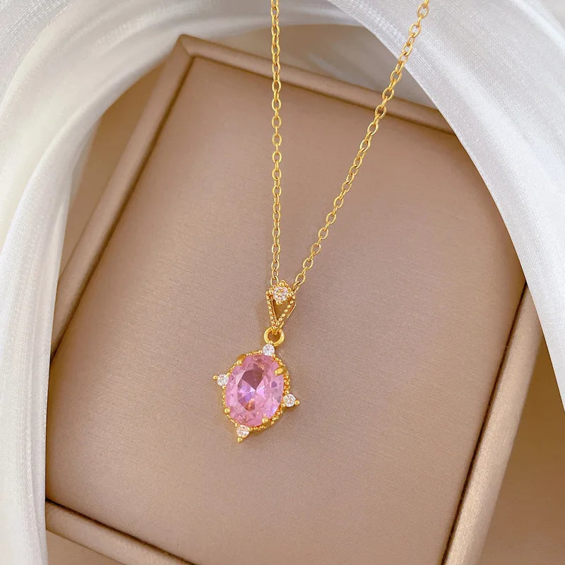 Women's Pink Zircon Pendant Gold Stainless Steel Necklace Pendant Necklace Nixie