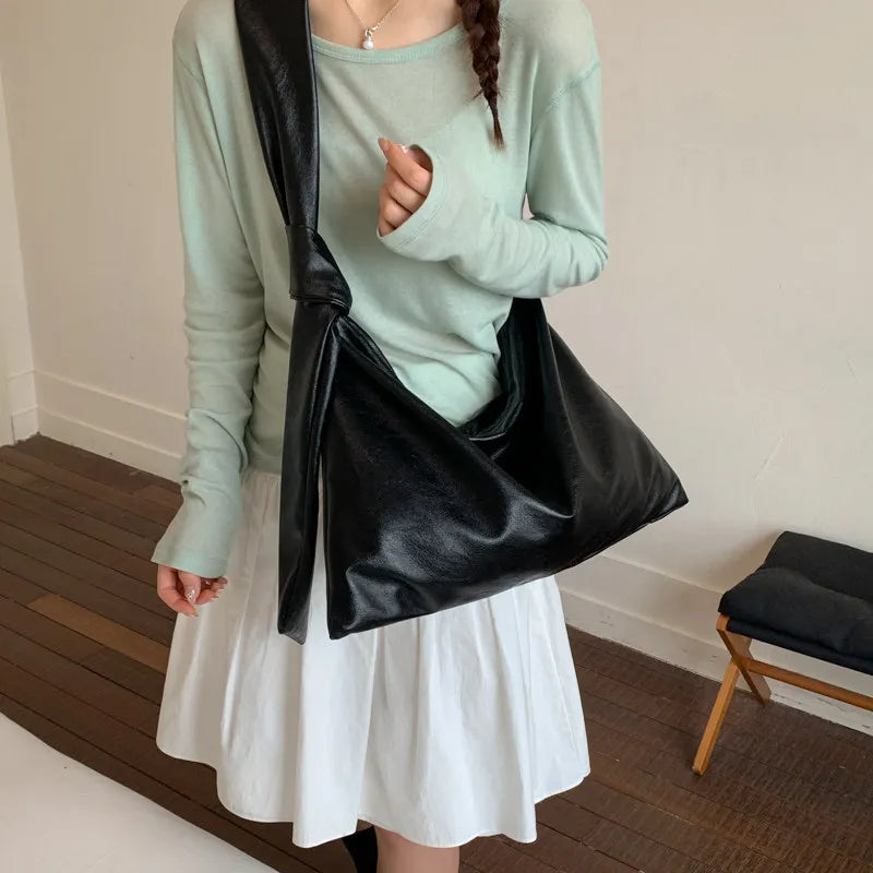 Korean Minimalist Faux Leather Tote Bag | Knotted Design Faux Leather Tote Bag Nixie