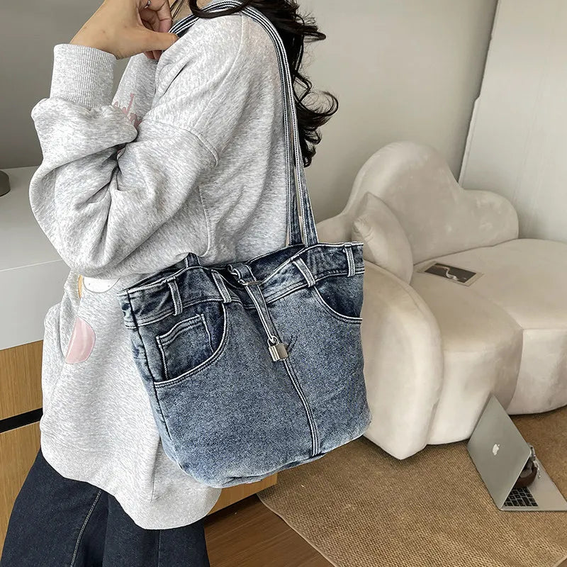 Nixie Women's Large Denim Bucket Shoulder Bag | K-Style