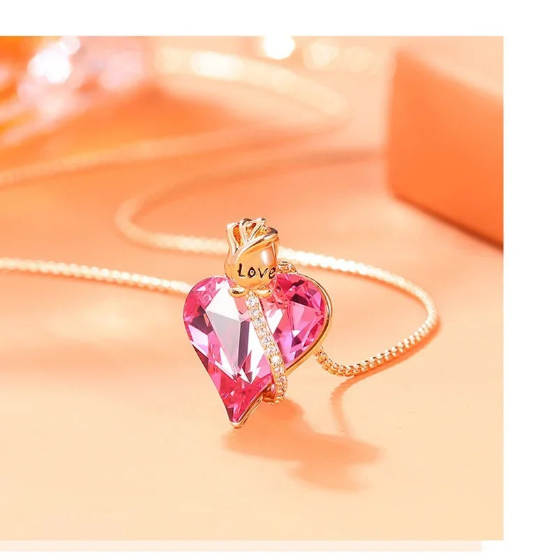Pink Crystal Heart Pendant Necklace | Rose Flower Gift for Women Pendant Necklace Nixie