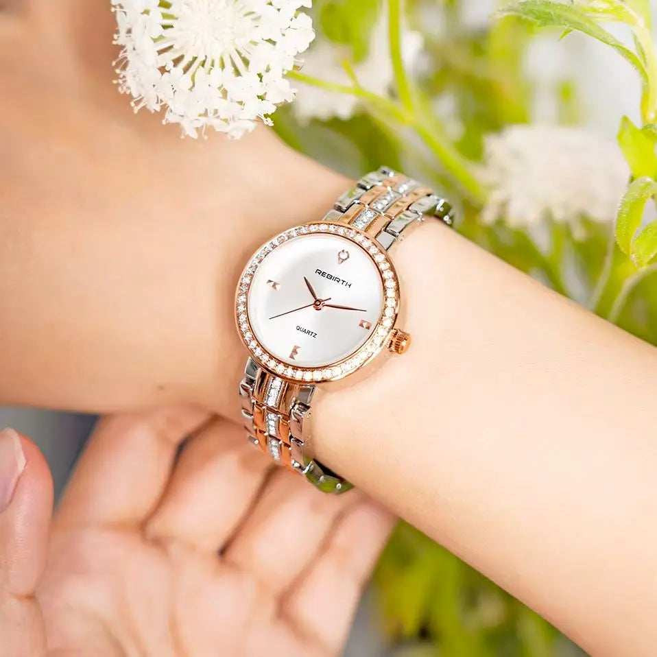 REBIRTH Women's Rose Gold Quartz Watch Diamond Bezel | Gift Women's Quartz Watch Nixie
