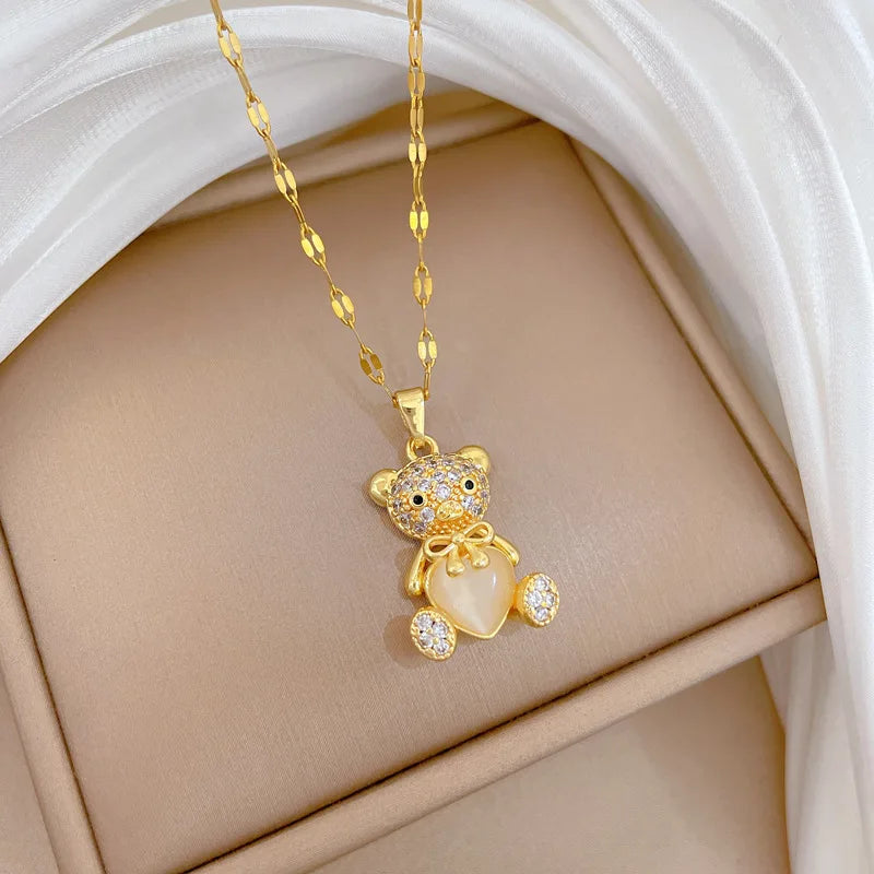 Heart Bear Pendant Choker Necklace – Gold Stainless Steel Pendant Necklace Nixie