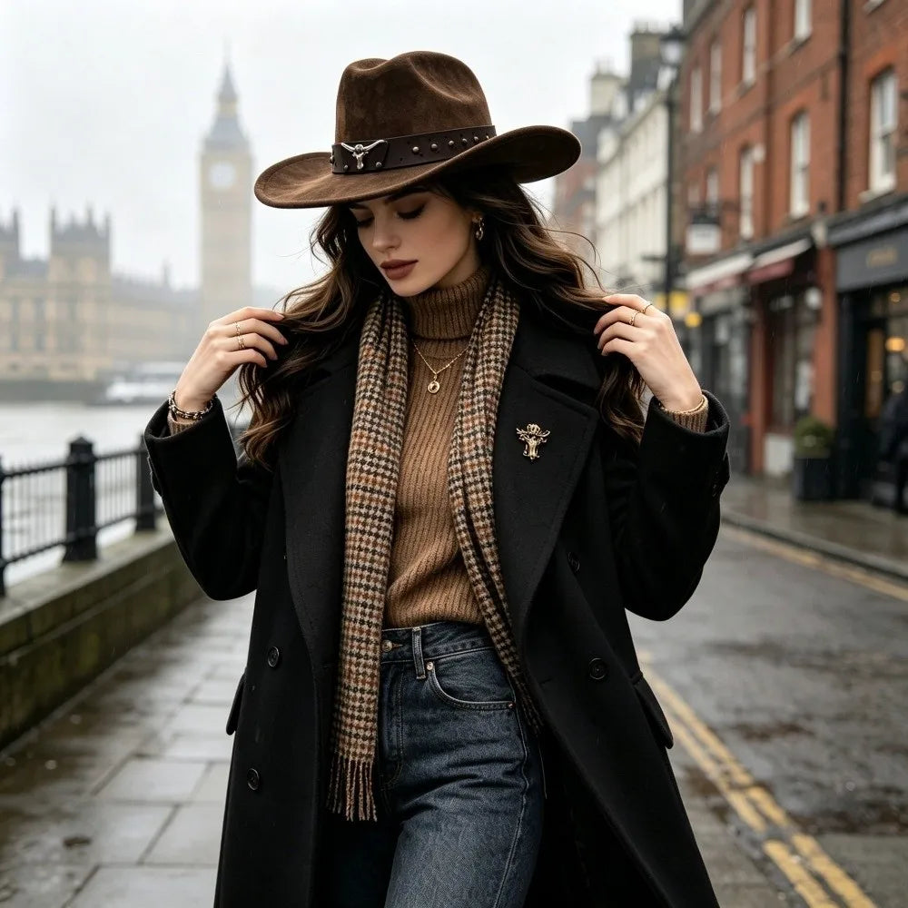 Felt Western Cowboy Hat Wide Brim Studded Ethnic Style Unisex