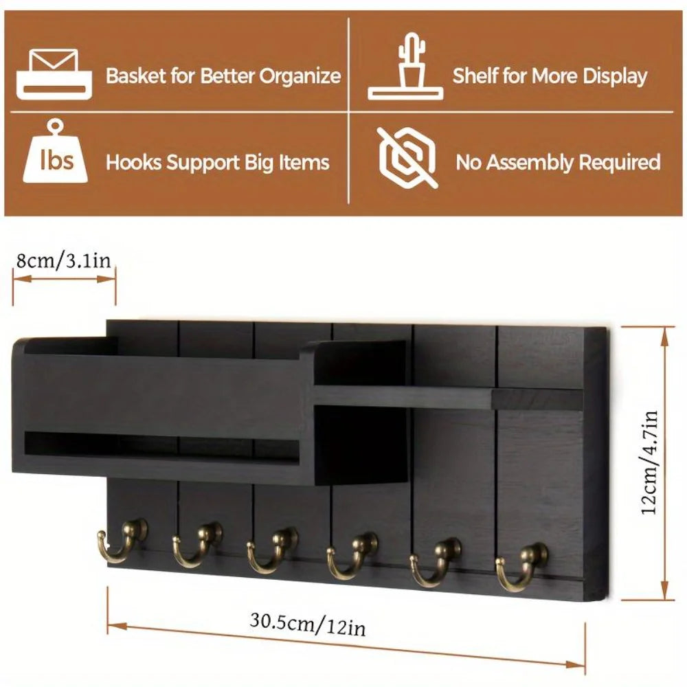6-Hook Wooden Key Holder Wall Rack with Shelf & Mail Sorter