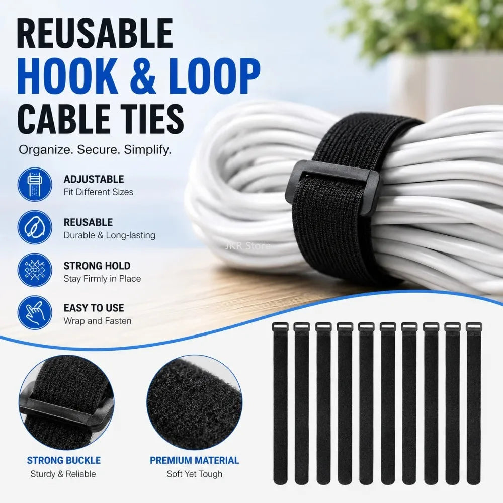 Reusable Hook & Loop Cable Ties – Nylon Cord Straps 10/30/50 Pack