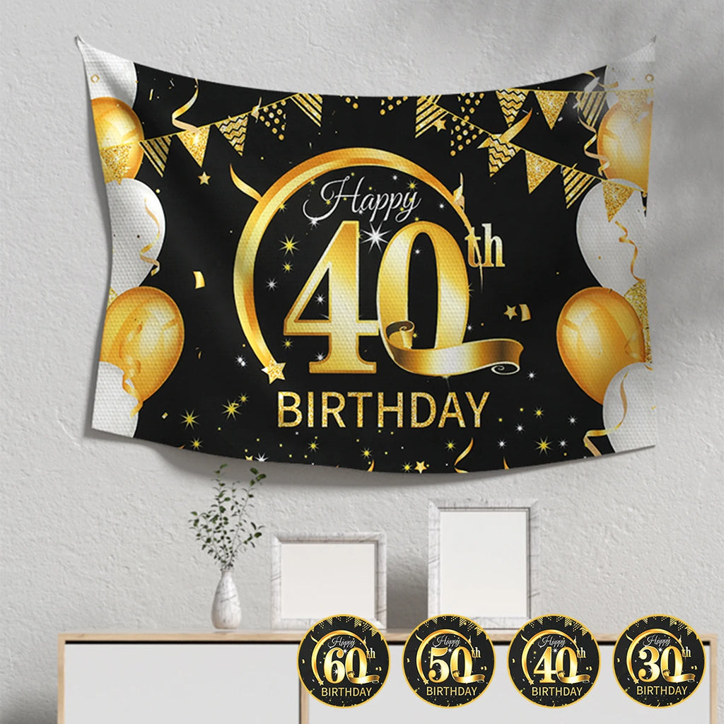 Black Gold Happy Birthday Banner 30th 40th 50th 60th Party Party Banner Nixie