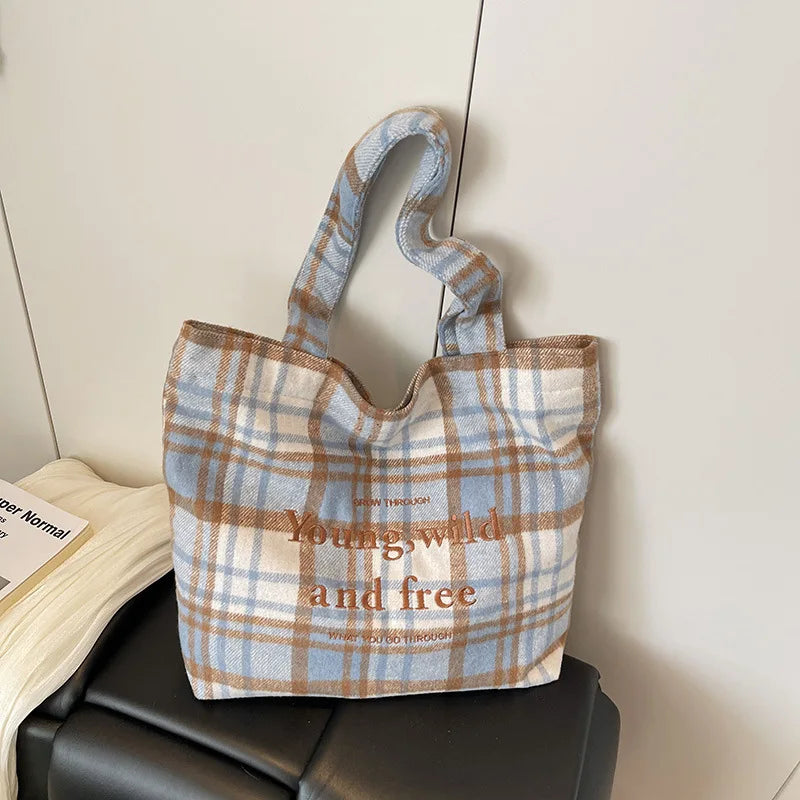 Retro Plaid Color-Block Tote Bag with Letter Embroidery Shoulder Tote Bag Nixie BB-675-Blue Extra Large