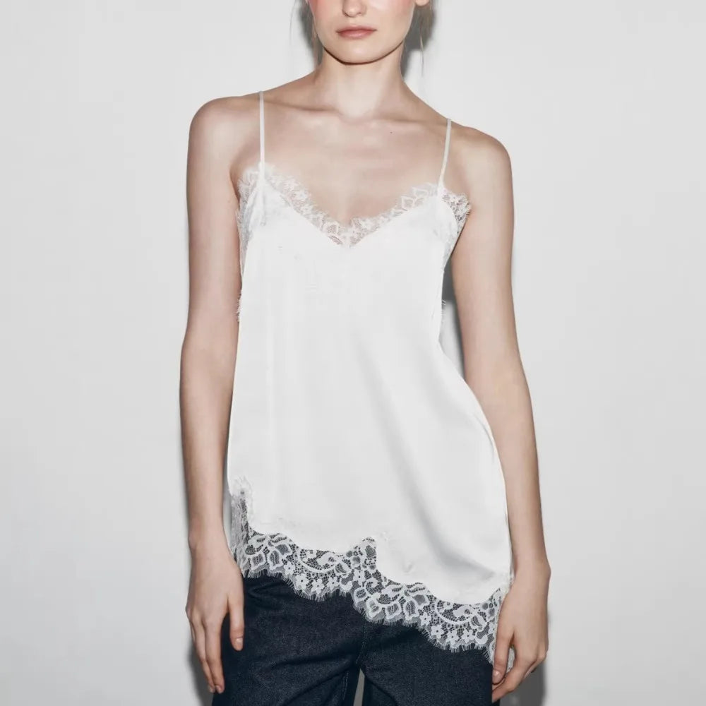 Women's Asymmetrical Lace Backless Camisole Tank Top Lace Camisole Top Nixie White M