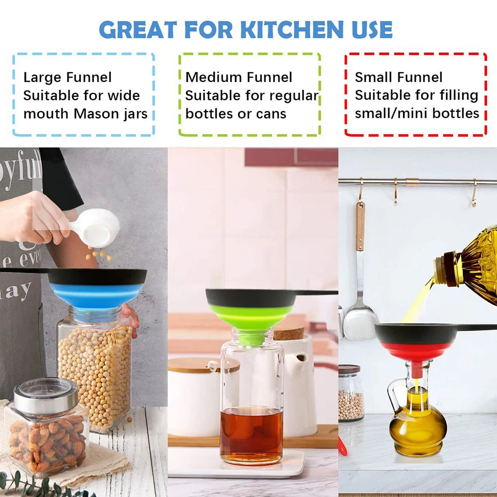 3-Piece Collapsible Silicone Kitchen Funnel Set – Food-Grade Silicone Funnel Set Nixie