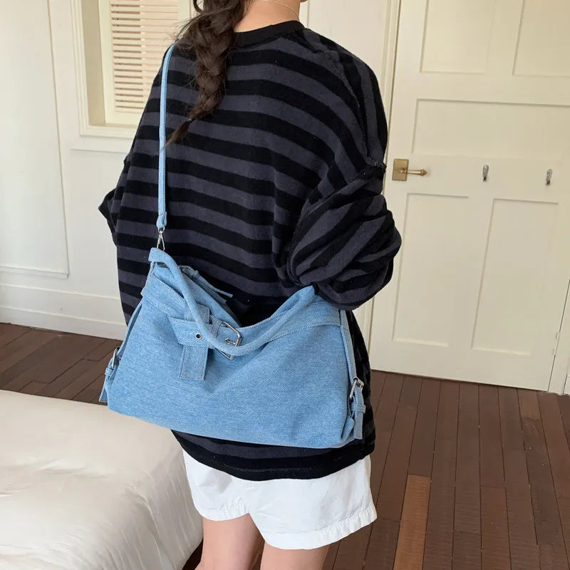 Korean-Style Large Denim Tote Bag – Shoulder & Crossbody Denim Tote Bag Nixie