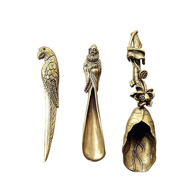 Brass Tea Scoop Shovel – Vintage Lotus & Bamboo Pattern Tea Scoop Utensil Nixie