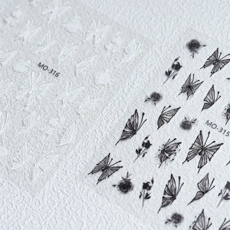 5D Embossed Nail Art Decals – Black & White Butterfly Rose Nail Art Decals Nixie