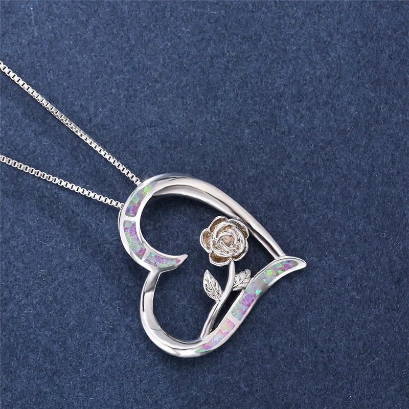 Purple Simulated Opal Heart Pendant Necklace | Rhinestone Heart Pendant Necklace Nixie