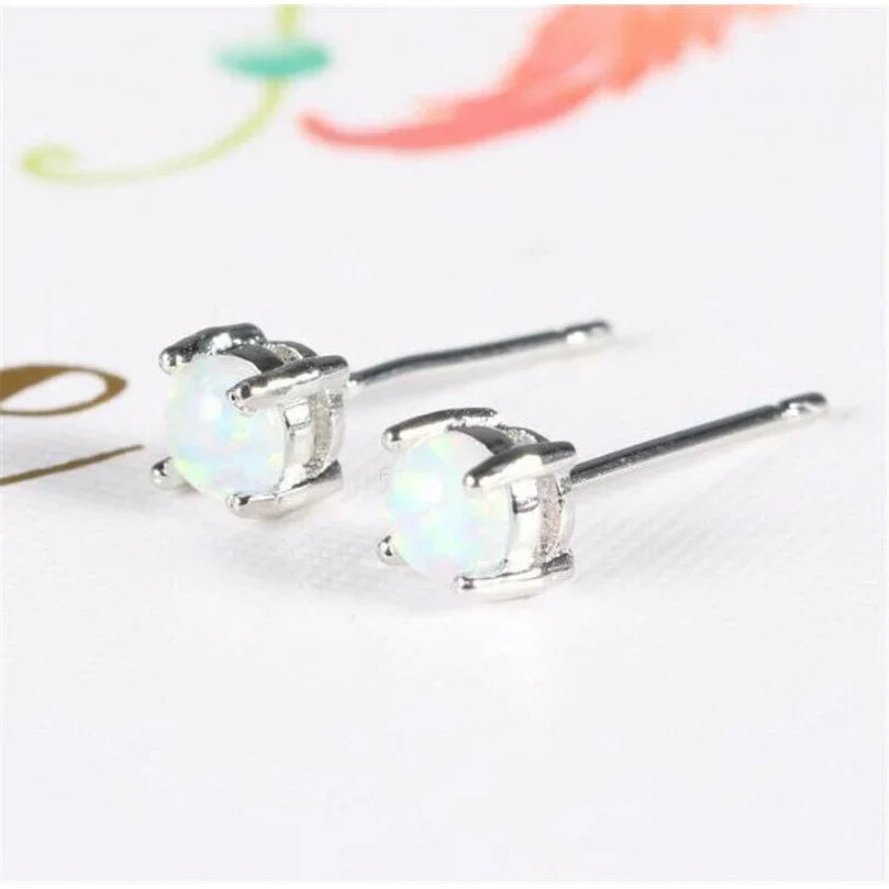 Silver Round Simulated Opal Stud Earrings | Gift for Girls