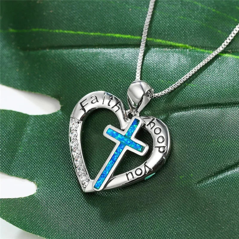 Silver Blue Simulated Opal Heart Cross Pendant Necklace Pendant Necklace Nixie