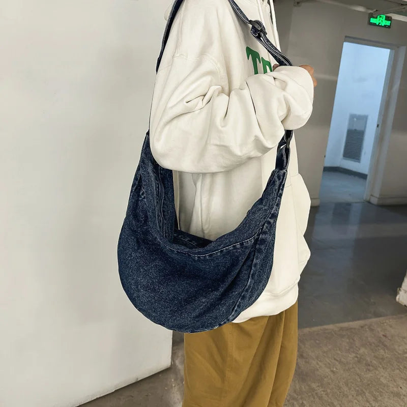 Washed Denim Crossbody Bag – Large Capacity Shoulder Bag Denim Crossbody Bag Nixie