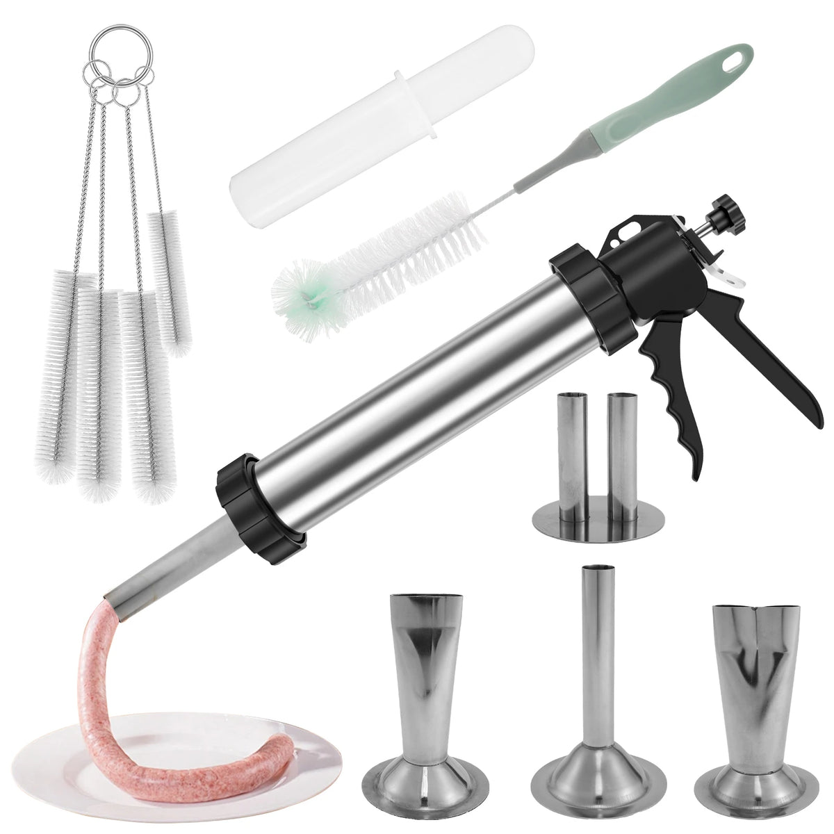 Stainless Steel Sausage Stuffer & Jerky Gun Kit – 5 Nozzles Sausage Stuffer Kit Nixie