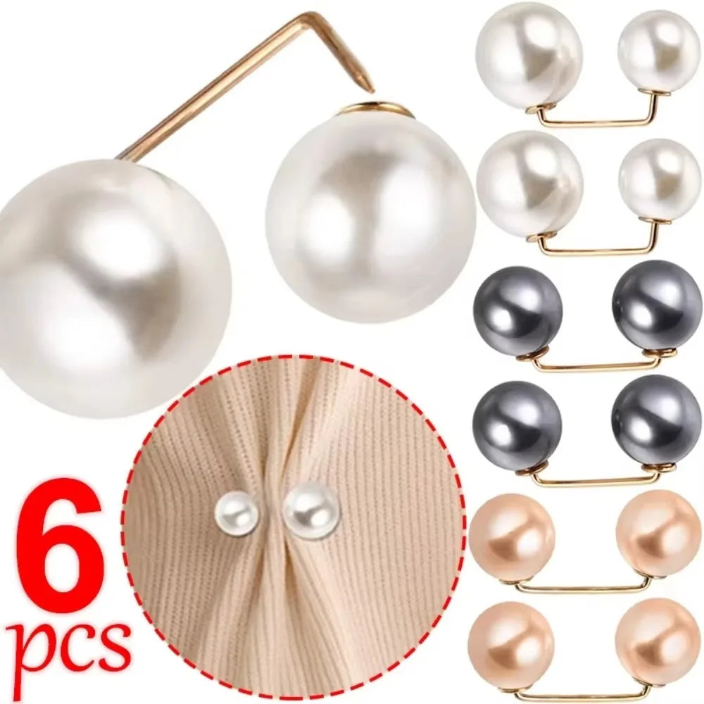 6Pcs Pearl Brooch Adjustable Waist Clip Double Head Pin Set