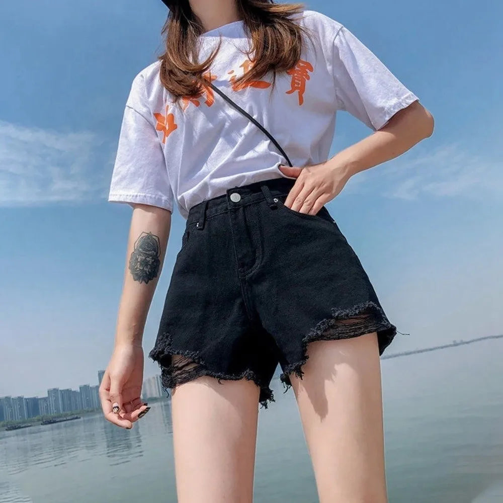 Women's High Waist Ripped Denim Shorts | Stretchy Frayed Hem Women's Denim Shorts Nixie