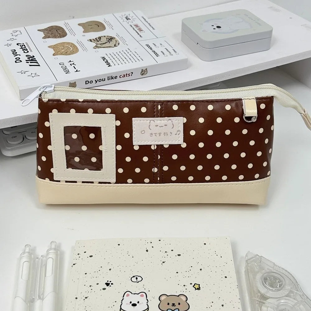 Korean Cat PU Leather Pencil Case – Large Capacity Photo Window Pencil Case Nixie Brown Polk Dot