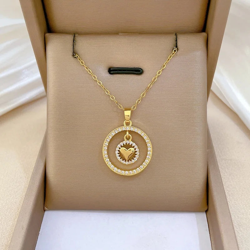 Double Layer Heart Pendant Necklace | Gold Stainless Steel Pendant Necklace Nixie