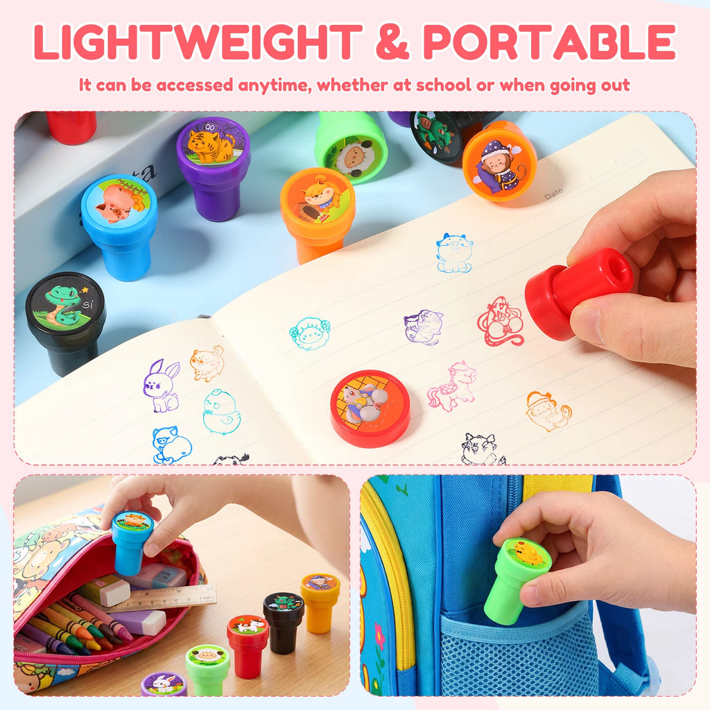 12pcs Cartoon Self-Inking Stamps for Kids – Animal & Game Set Kids Craft Stamps Nixie