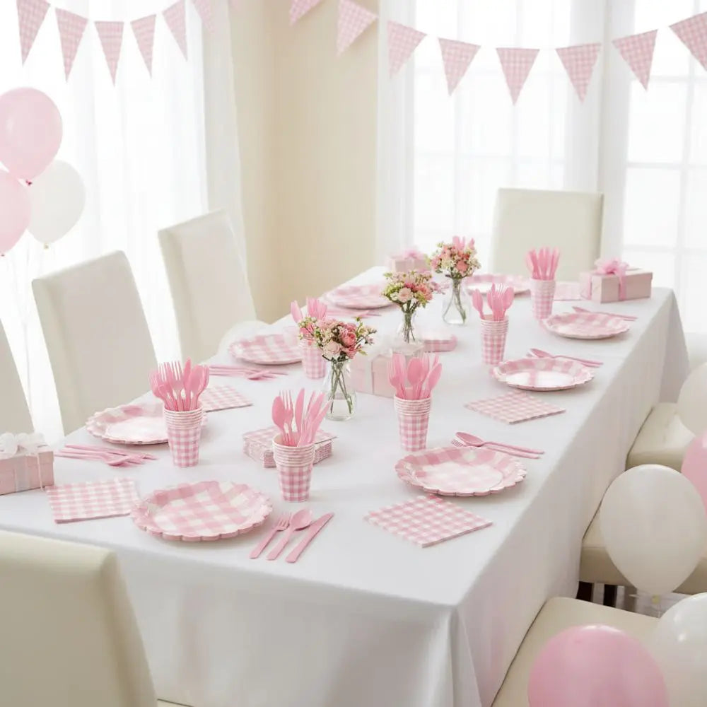 Pink Checkered Party Tableware Set – Serves 25 Guests