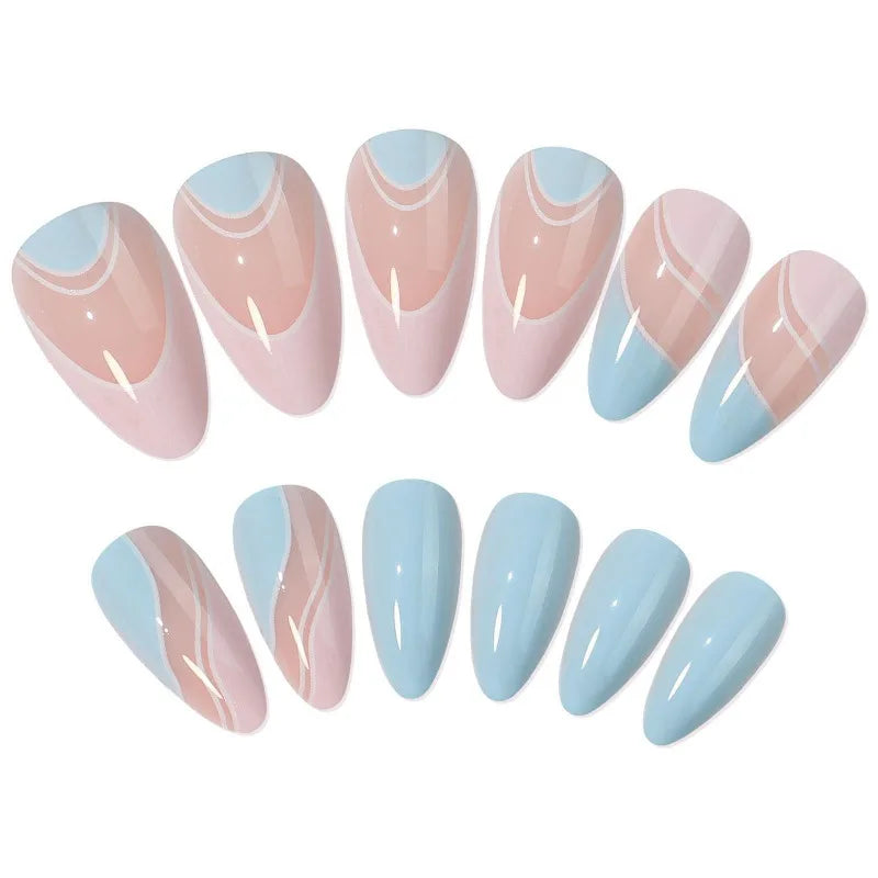 Blue Wave French Press-On Nails Rhinestone Crystal L Size Press-On Nails Nixie